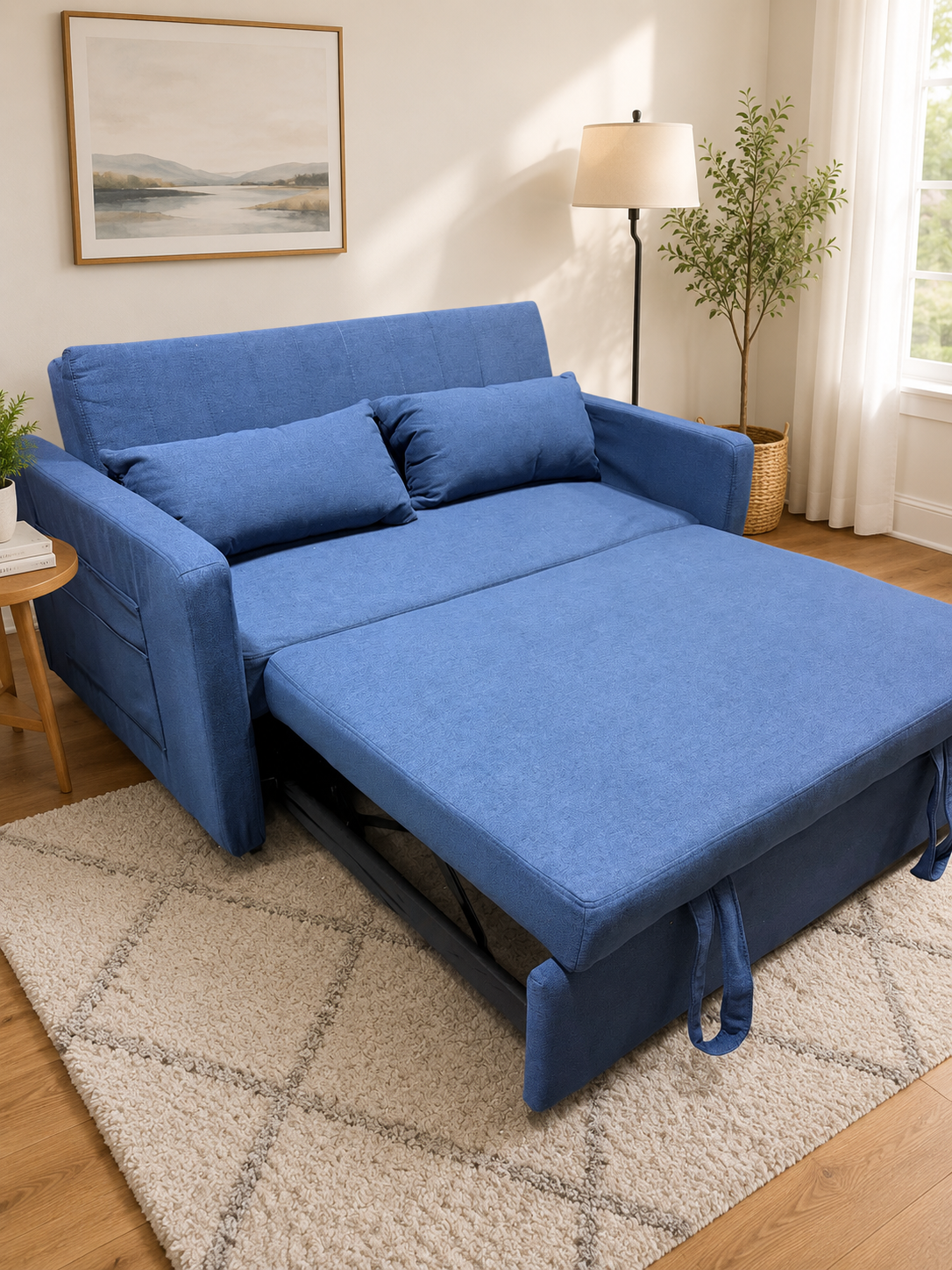 Sofa - Blue Pull Out Loveseat with 2 Pillows