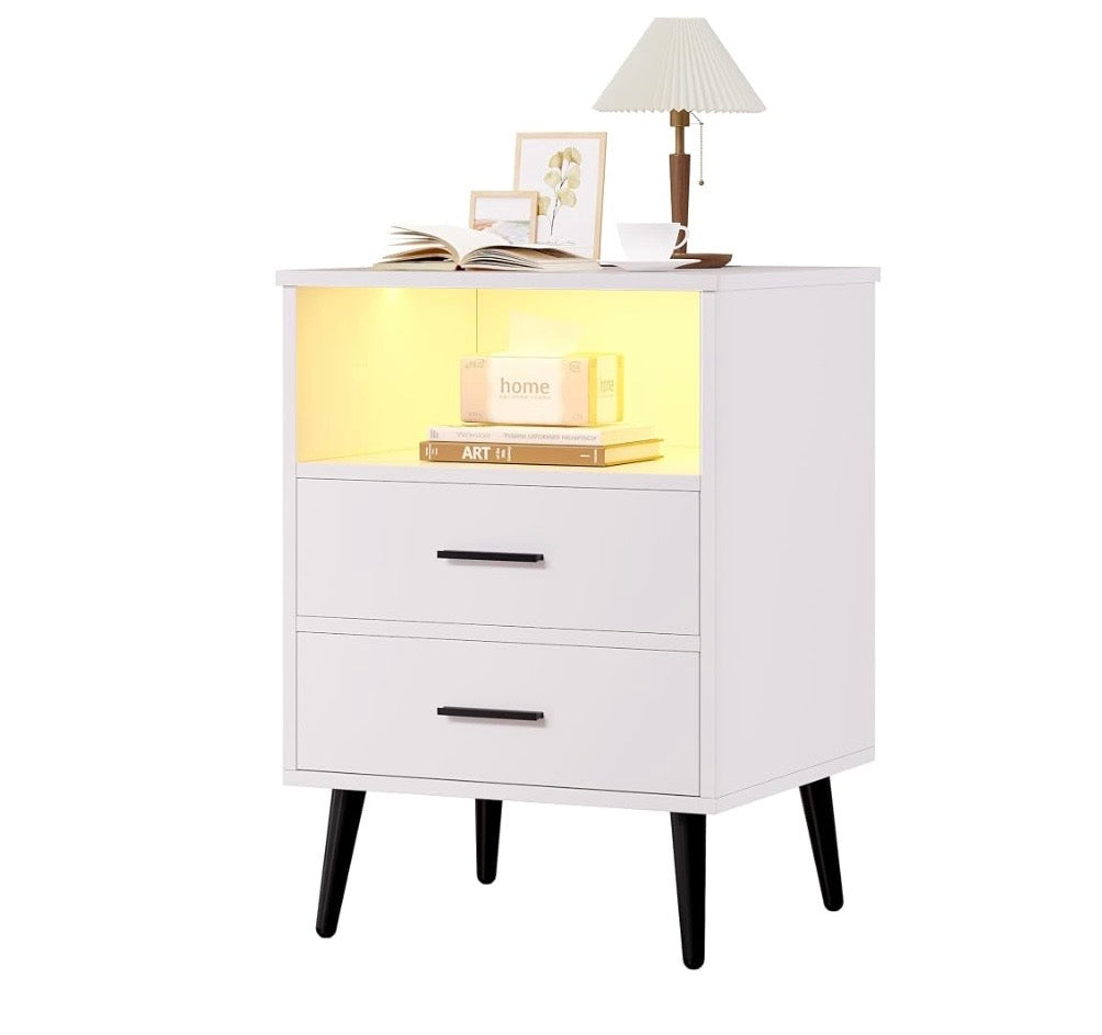 End Table - LED Night Stand with Charging Station, Dimmable Lighting