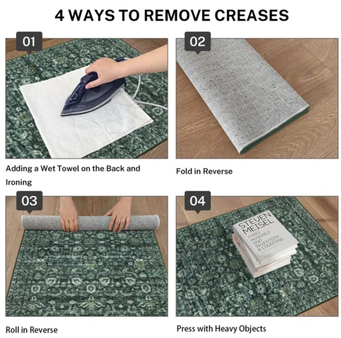 Rug - 4’ x 6’ Green Machine Washable Area Rug Non Slip Bedroom Rugs