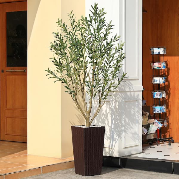 Faux Plant - 5 ft.Faux Olive Tree UV Resistant with Brown Tall Planter, Artificial Olive Tree for Outdoor Decor