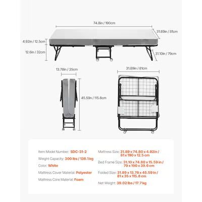 Folding Bed - Rollaway Folding Bed Frame (NO MATTRESS!!) 31 x 75-in Twin Size