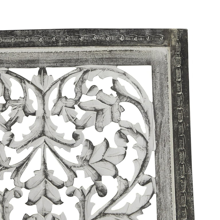Wood Wall Hanging - 24” x 51” DecMode Gray Mango Wood Handmade Intricately Carved Floral Wall Decor with White Distressing