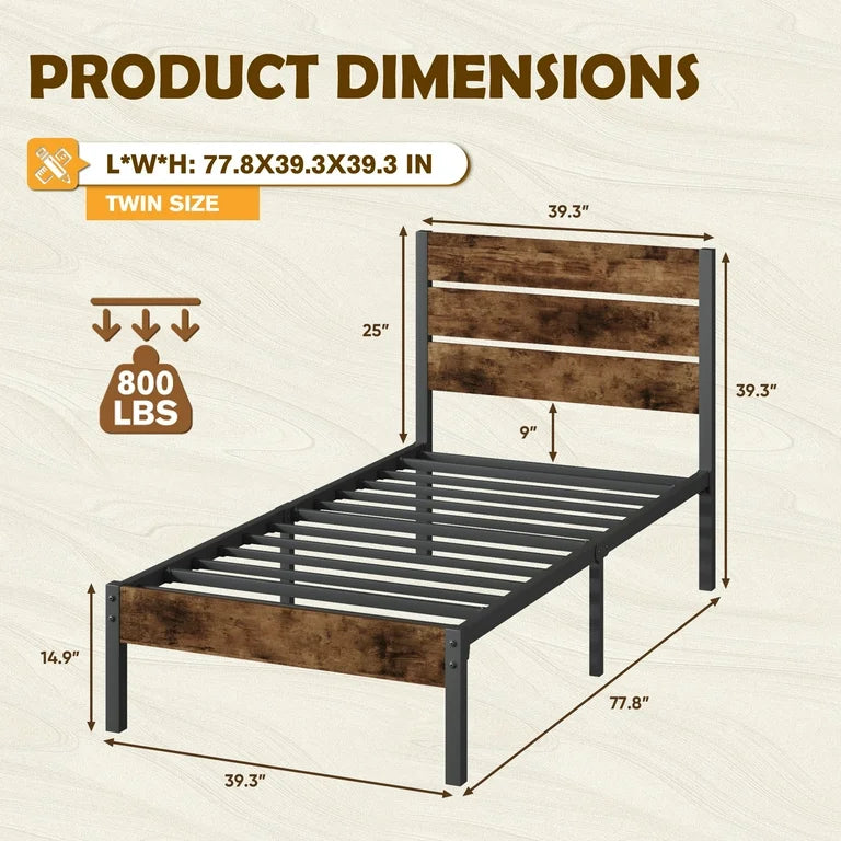 Bed - Twin Size Lifezone with Rustic Vintage Wood Headboard and Footboard, Metal Support, Rustic Brown - WM9.3.25