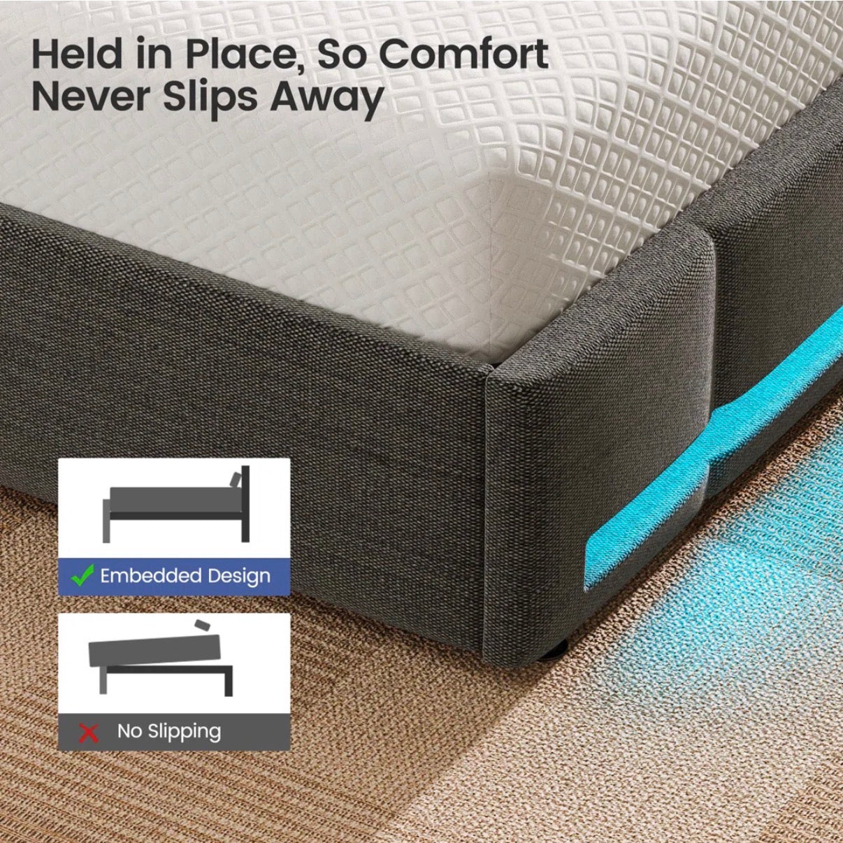 Bed - Full Size Upholstered Platform Bedframe with Wingback Storage Headboard and LED Lights, 4 Storage Drawers
