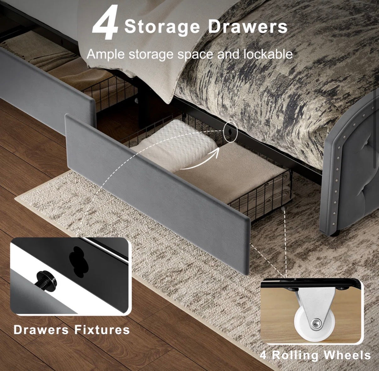 Bed - Full Size Maber Upholstered Bed Frame with 4 Drawers, Velvet Wingback Bed, No Boxing Spring Needed.