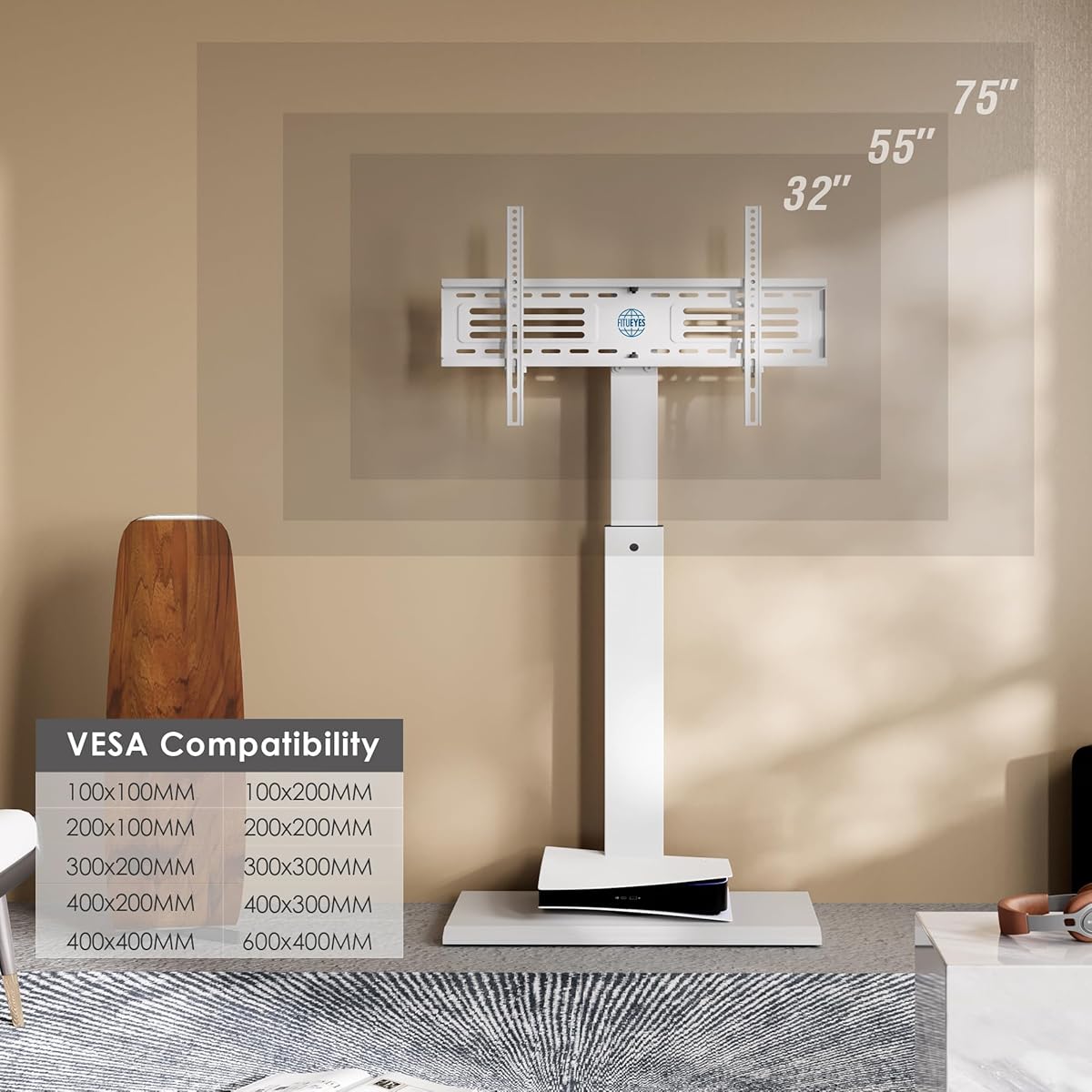 TV Stand - FITUEYES Iron Base Universal Floor TV Stand with Swivel Mount, Space Saving for 32–75 inch TVs, Height Adjustable, Wire Management — White