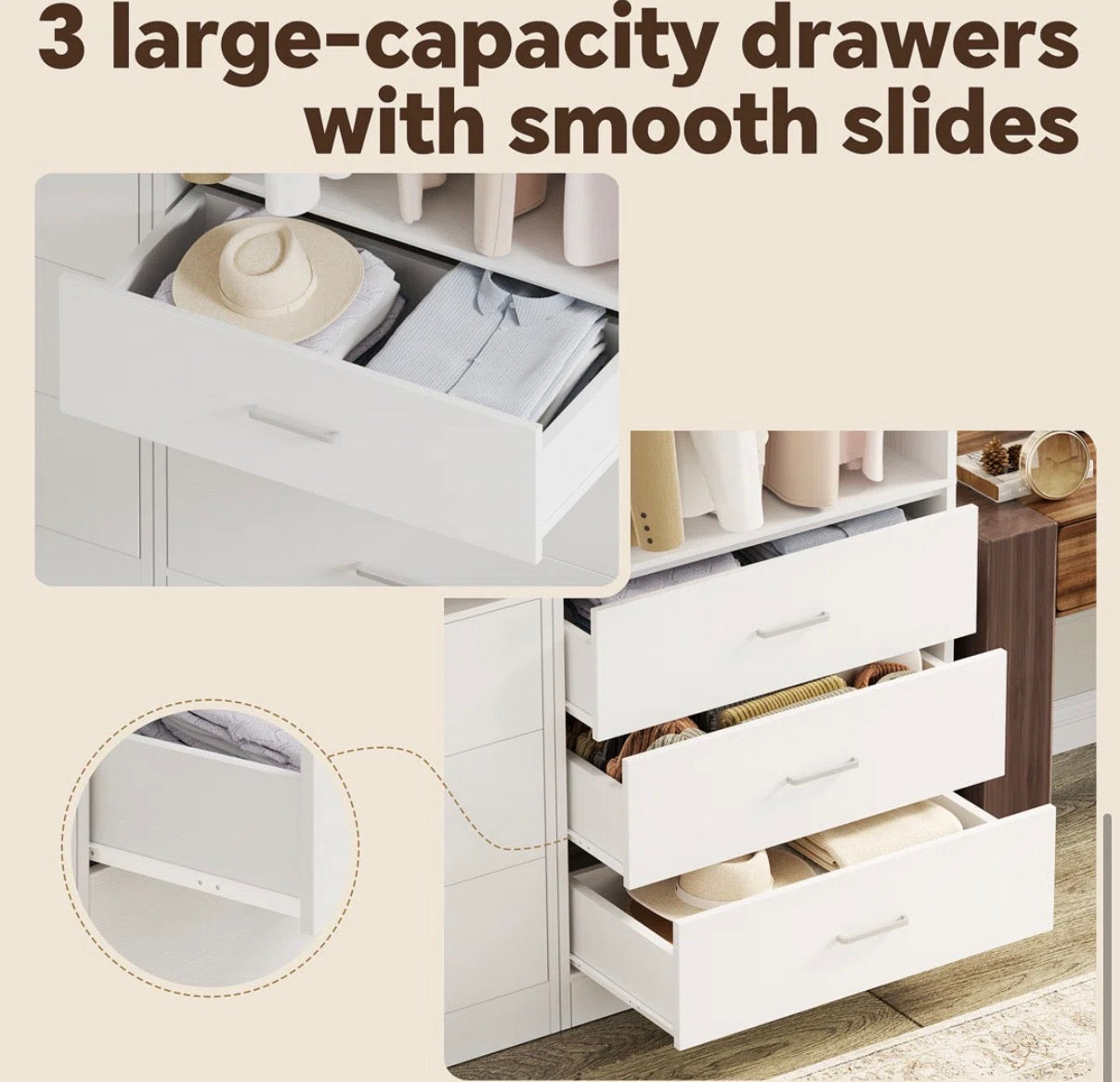 Closet Organizer - 76.5"-118" Closet Organizer With Drawers And 4 Hanging Rods