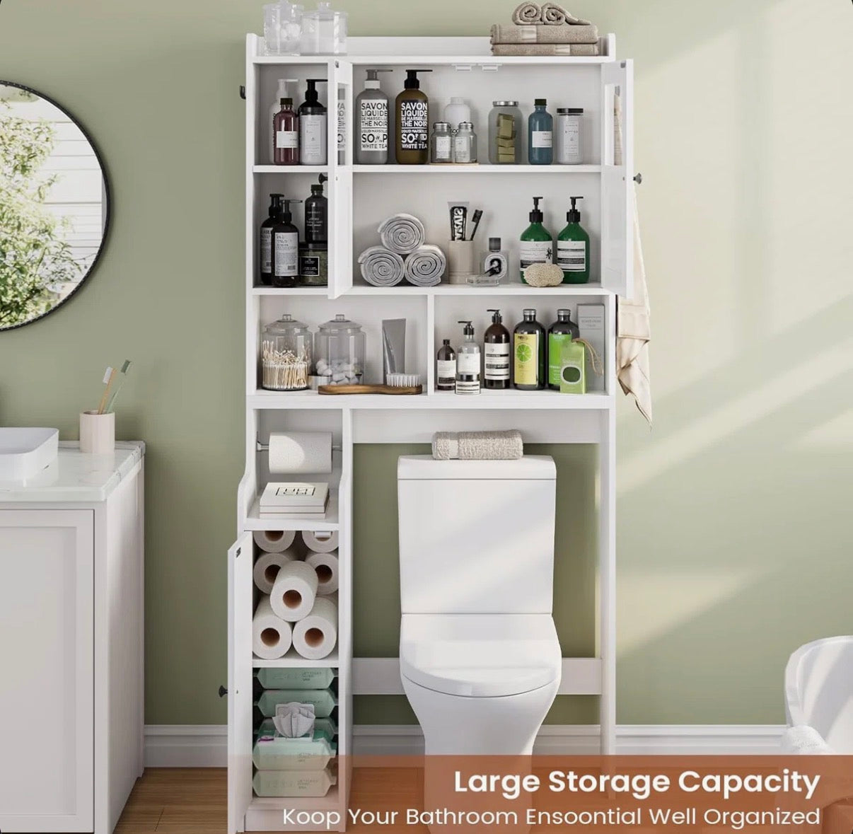 Bathroom Cabinet - Over The Toilet Storage Cabinet, Farmhouse Rattan Bathroom Cabinet, Over Toilet Bathroom Organizer With Rattan Barn Doors & Toilet Paper Holder Stand, For Bathroom, Restroom, Laundry