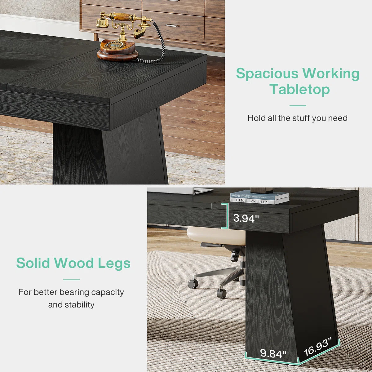 Desk - Wolbach 55 Inches Executive Desk with Double Trapezoid Base - WF9.25.25