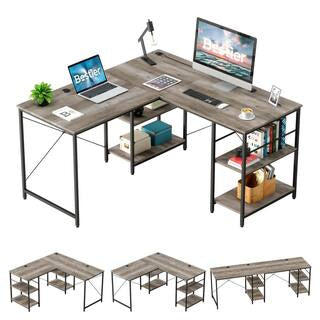 Desk - Bestier Reversible 60 inches L Shaped Computer Desk with Storage Cabinet Long Desk for 2 Person Wash Grey - WF9.25.25