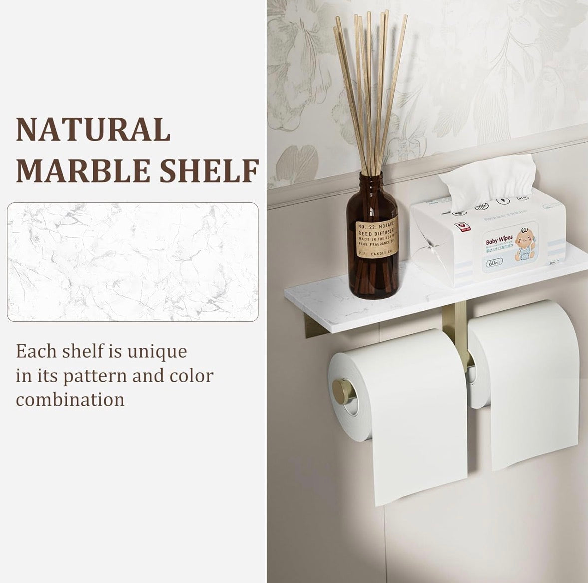 Toilet Paper Holder - Double Toilet Paper Holder with Shelf, Wall Mounted Tissue Roll Holder for Bathroom, Commercial Toilet Paper Dispenser, Marble Toilet Paper Storage Holder with Phone Shelf (Brushed Gold)
