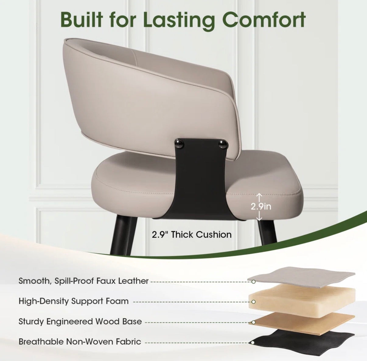 Dining Chair Set of 2 - Modern Faux Leather Upholstered Clay