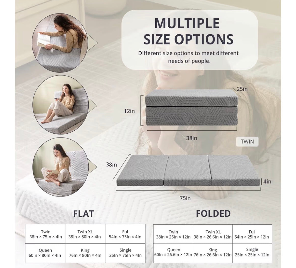 Mattress - Twin Folding Mattress Topper, 4 Inch Twin XL Tri Folding Memory Foam Mattress Topper for Camping Guest Bed, Washable Cover & Non-Slip Bottom