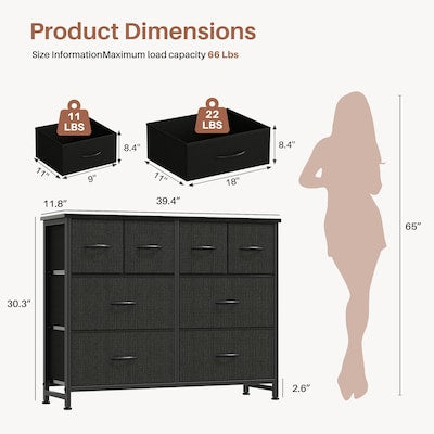 Fabric Dresser - 8 Drawer Storage Tower Black