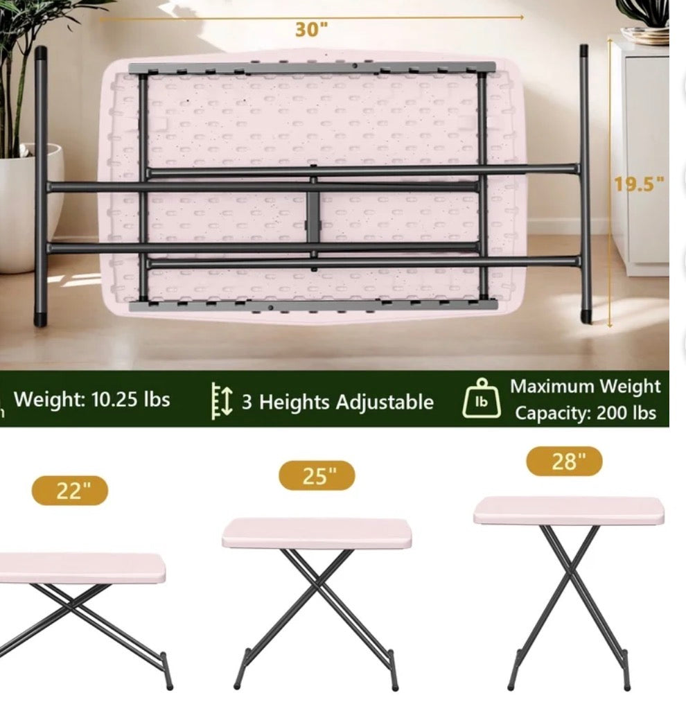 Folding Table - Small Camping Folding Table, 22/25/28 inch Height Adjustment Tv Tray, Practical Portable Plastic Table, Indoor/Outdoor, Pink