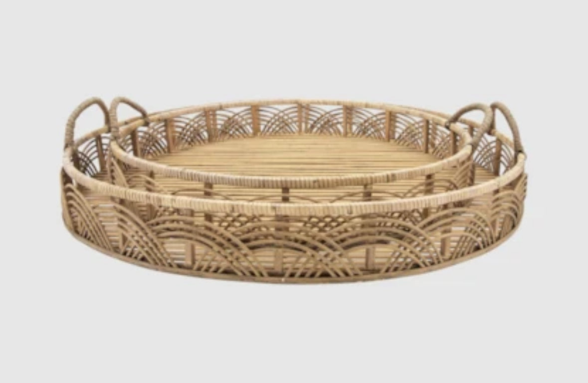 Home decor - 24 & 30" Natural Brown Beige Wood Rattan Round Trays Set Of Two - WF10.16.25
