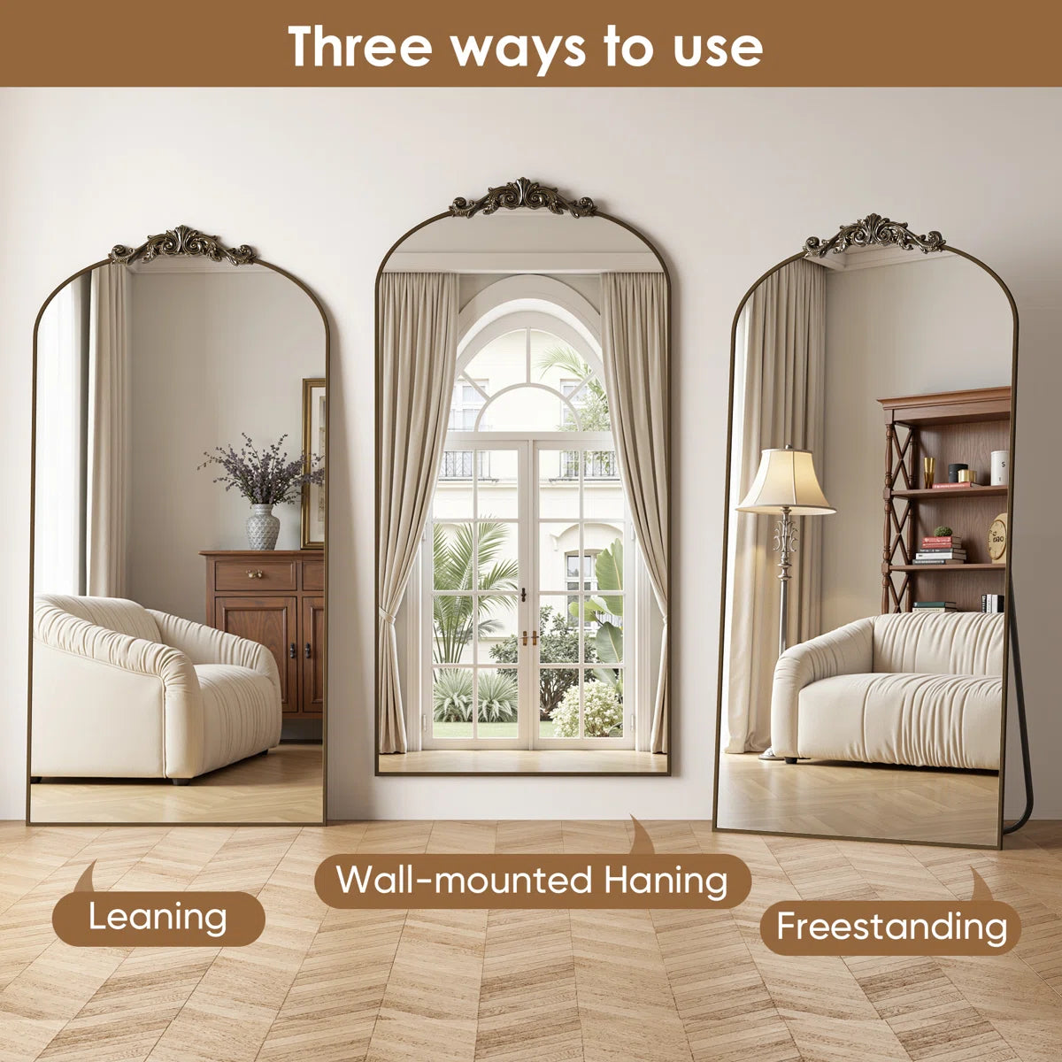 Oversized Mirror - 45.5”W x 90”H Oversized Gold Arched Floor Mirror with Decorative Crest