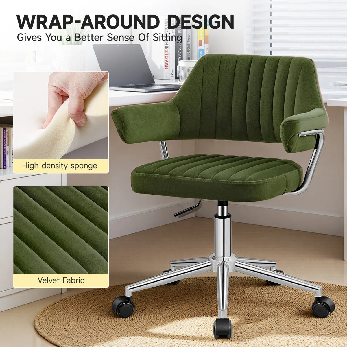 Office Chair - Chandler Green Velvet Upholstered Easy 3-Step Installation Desk Office Chair for home office