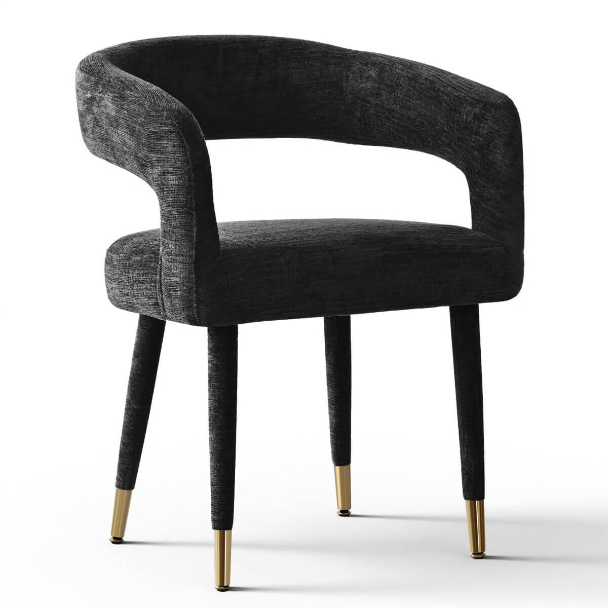 Chair Set of 2 - Modern Black Upholstered Dining Chairs with Curved Backrest, Armrests
