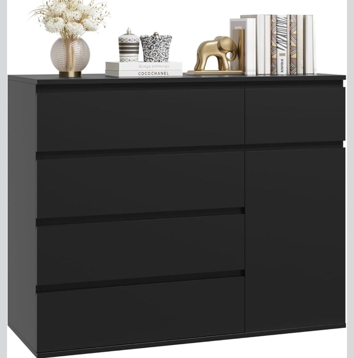 Dresser - FOREHILL Bedroom Chest of Drawers Black Chest of Drawers with 5 Drawers 1 Door Large Storage Cabinet Dresser Wide Sideboard