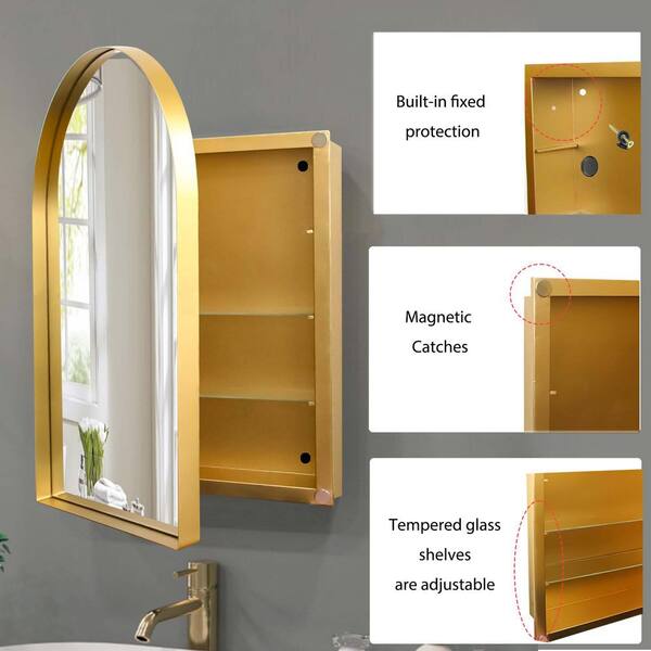 Medincine Cabinet - 24 in. W x 36 in. H Arched Metal Medicine Cabinet with Mirror in Gold, Recessed and Wall Medicine Cabinet for Storage