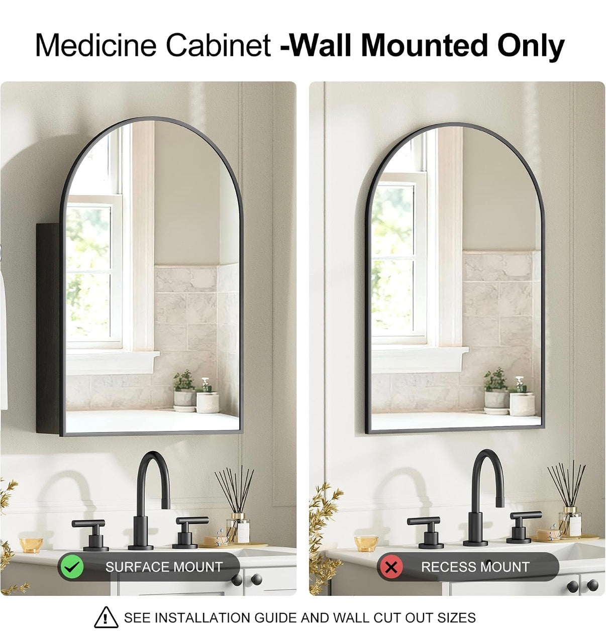Medicine Cabinet - 20” x 30” Brushed Black Arched with Mirror, Wall Mount Bathroom Storage Cabinet, Surface Mount
