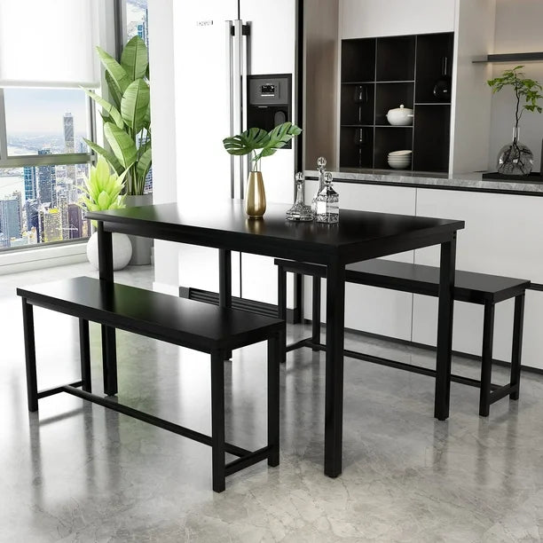 Dining Set - 3-Piece Modern Dining Furniture Set with Benches, Black