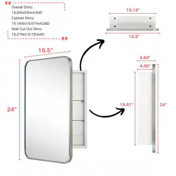 Medicine Cabinet - 16.5 in. W x 24 in. H Garnes Medicine Cabinet with Mirror inRectangular Recessed or Surface Mount Brushed Nickel