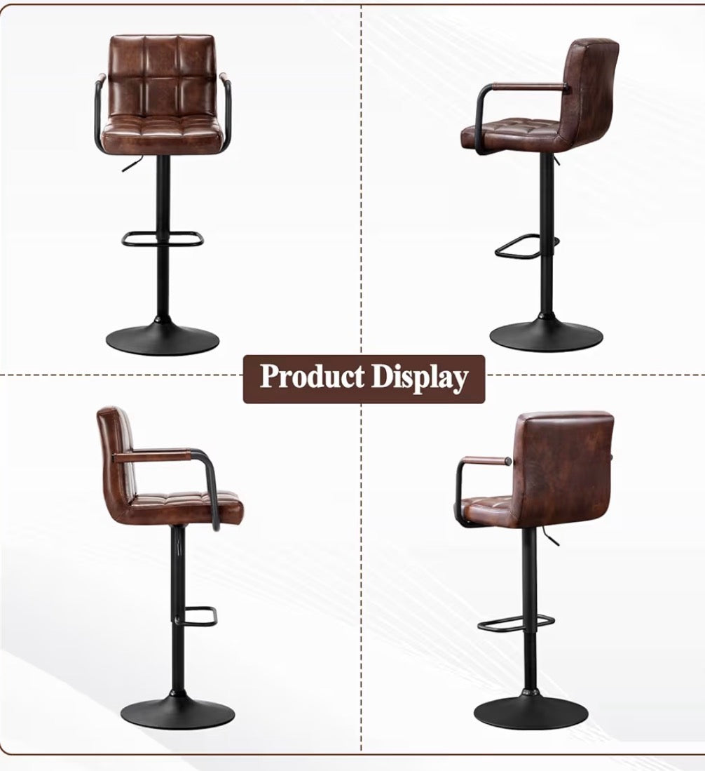 Barstool Set of 2 - Modern Square PU Leather Kitchen Stools with Armrest, Adjustable Counter Height Barstools for Kitchen Bar Pub Cafe (Darkbrown)