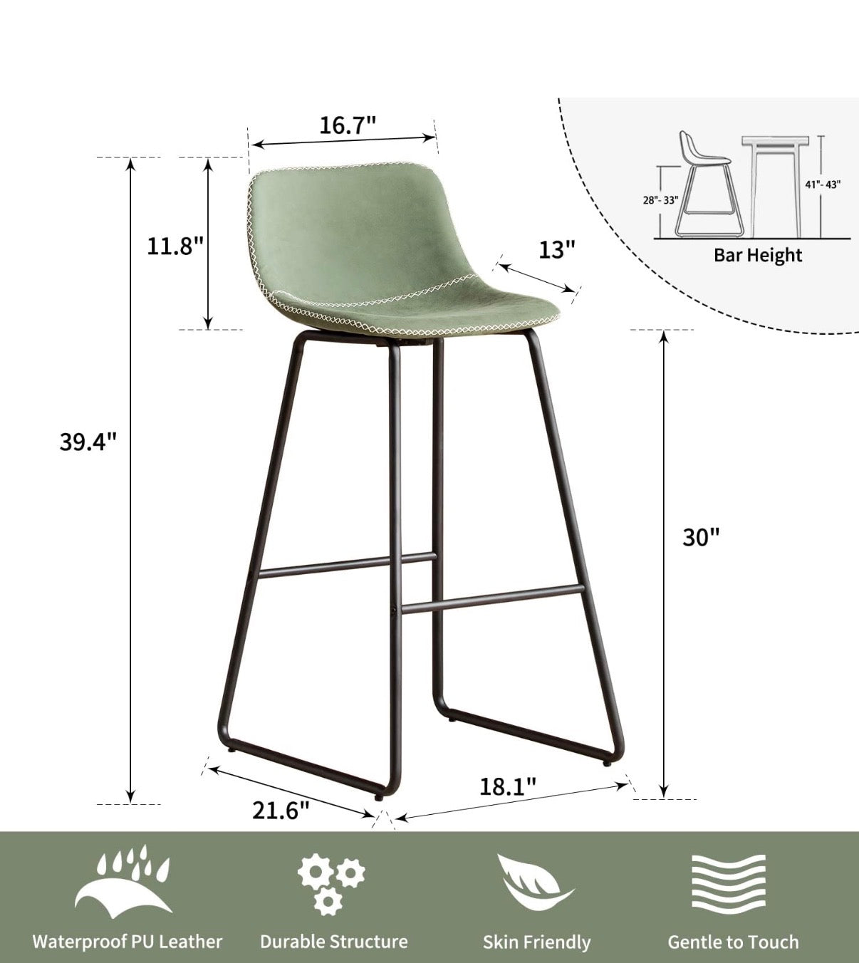 Barstool Set of 3 - 30” Green Bar Stools Metal Legs Faux Leather