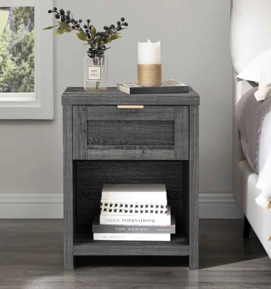 End Table/Nightstand - OAKHAM Farmhouse Nightstand, Boho End Table with Drawer and Open Shelf, Bedside Table for Bedroom Living Room, Midnight Oak