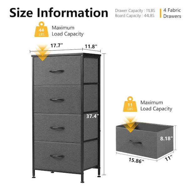 Fabric Drawer Dresser - Classical Gray 4 Drawer 11.8 in. Wide Chest of Drawers with Wood Top Fabric Bins for Bedroom