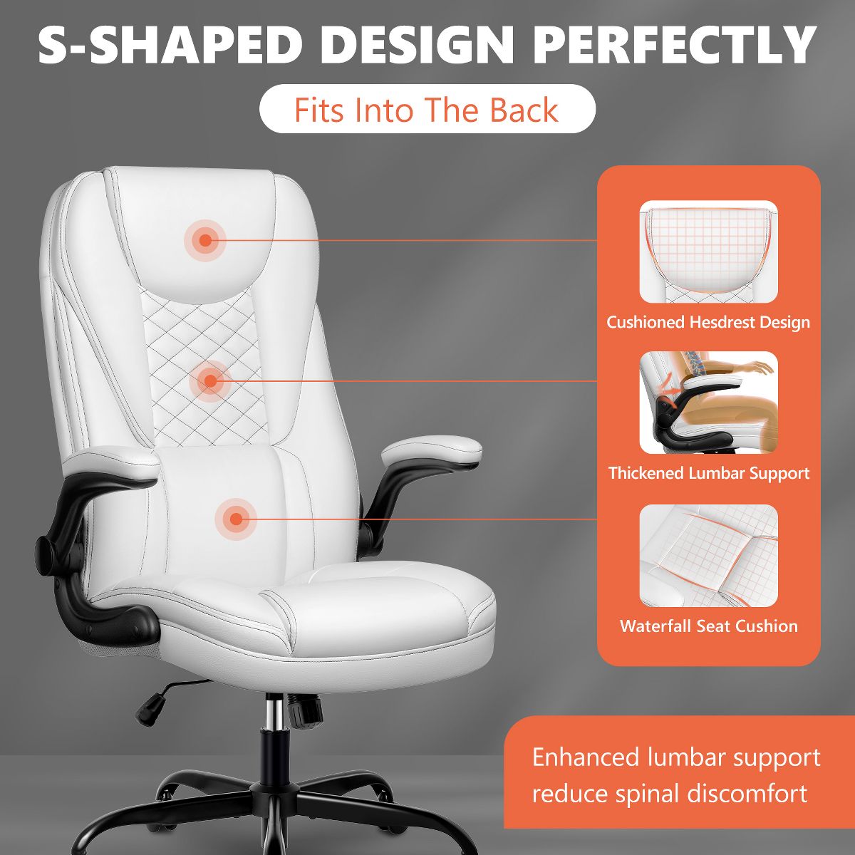 Office Chair - KERDOM Adjustable Office Desk Chair, Ergonomic Executive Chair with Padded Headrest and Armrests, White