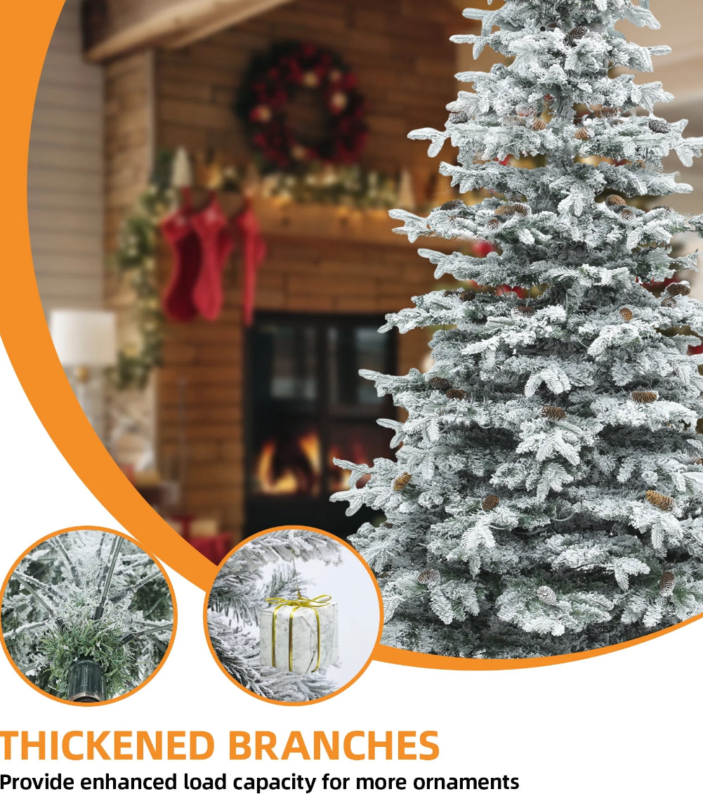 Christmas Tree - Uforic 9FT Pre-Lit Flocked Artificial Christmas Tree with 80 Pinecones, Pre-Lit Holiday Christmas Pin -