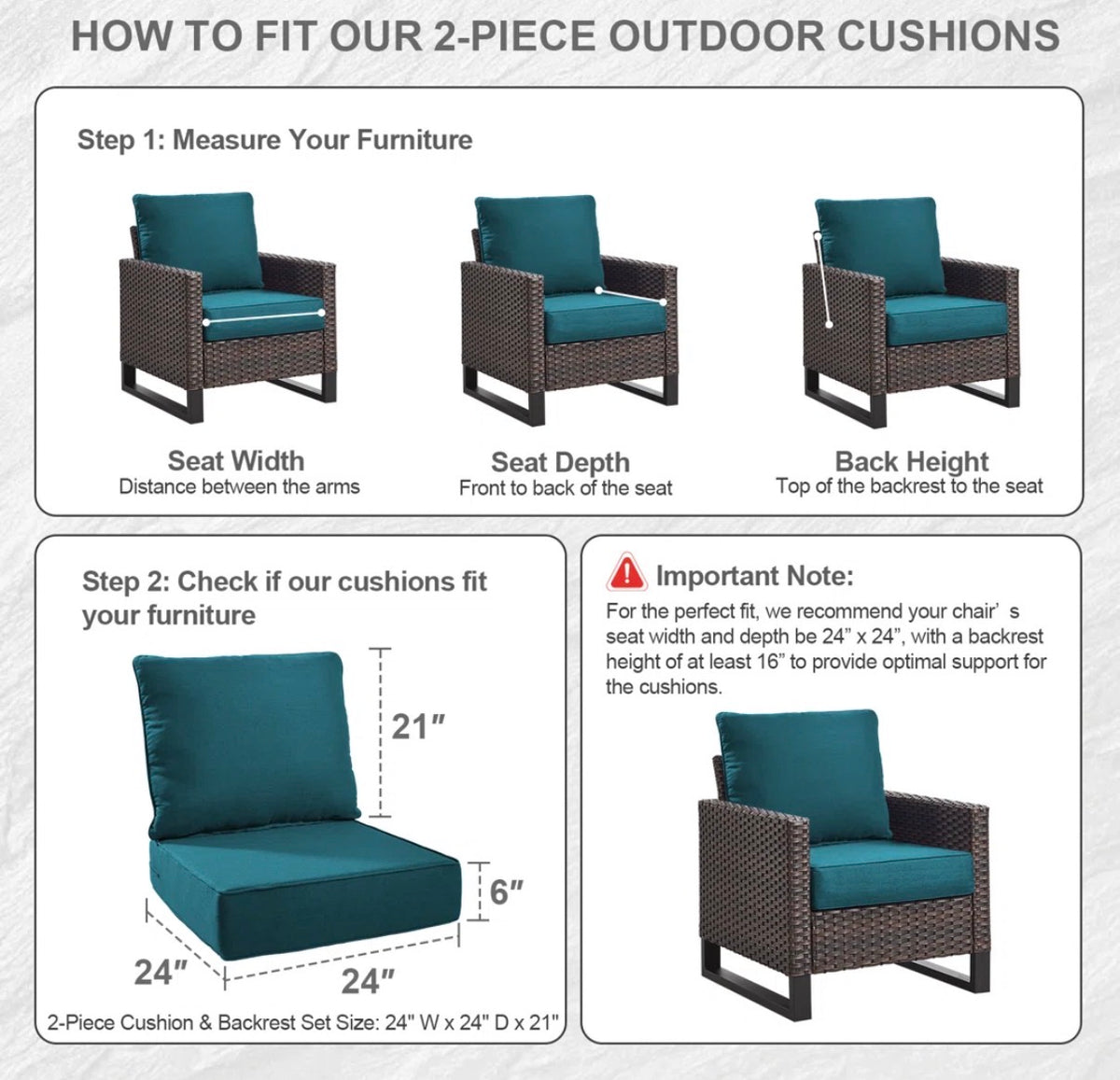 Outdoor Cushion - Allo 24"X24"X6" Thick Cushions & Pillows Set - Deep Seat Indoor/Outdoor Water & Fade Resistant