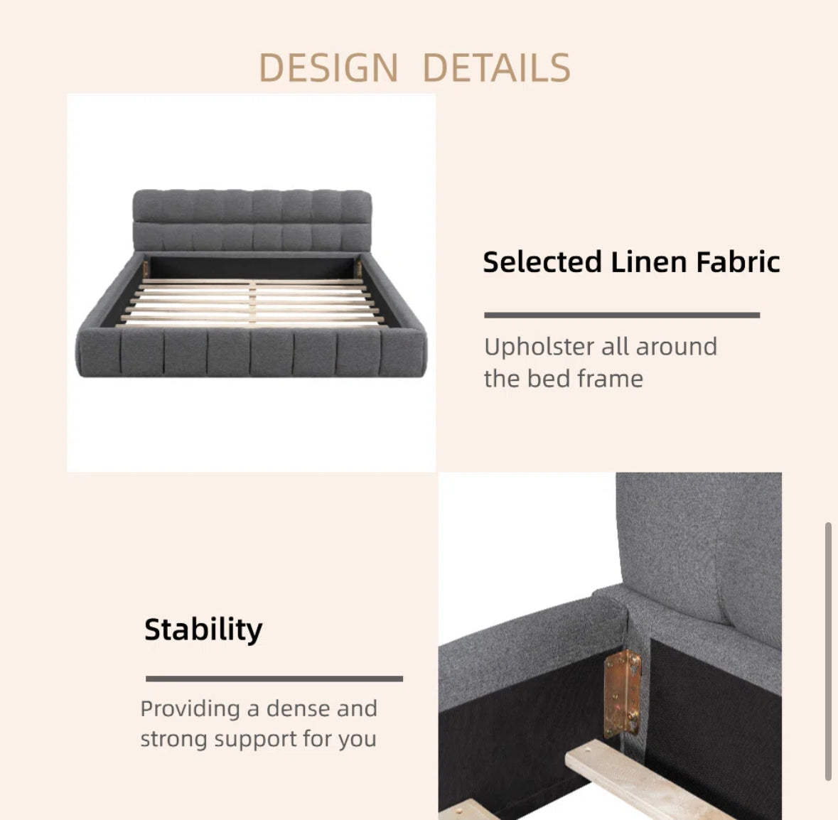 Bed - Queen Size Katence Elegant Linen Queen Platform Bed with Upholstered Headboard and Solid Frame Stability (see description)