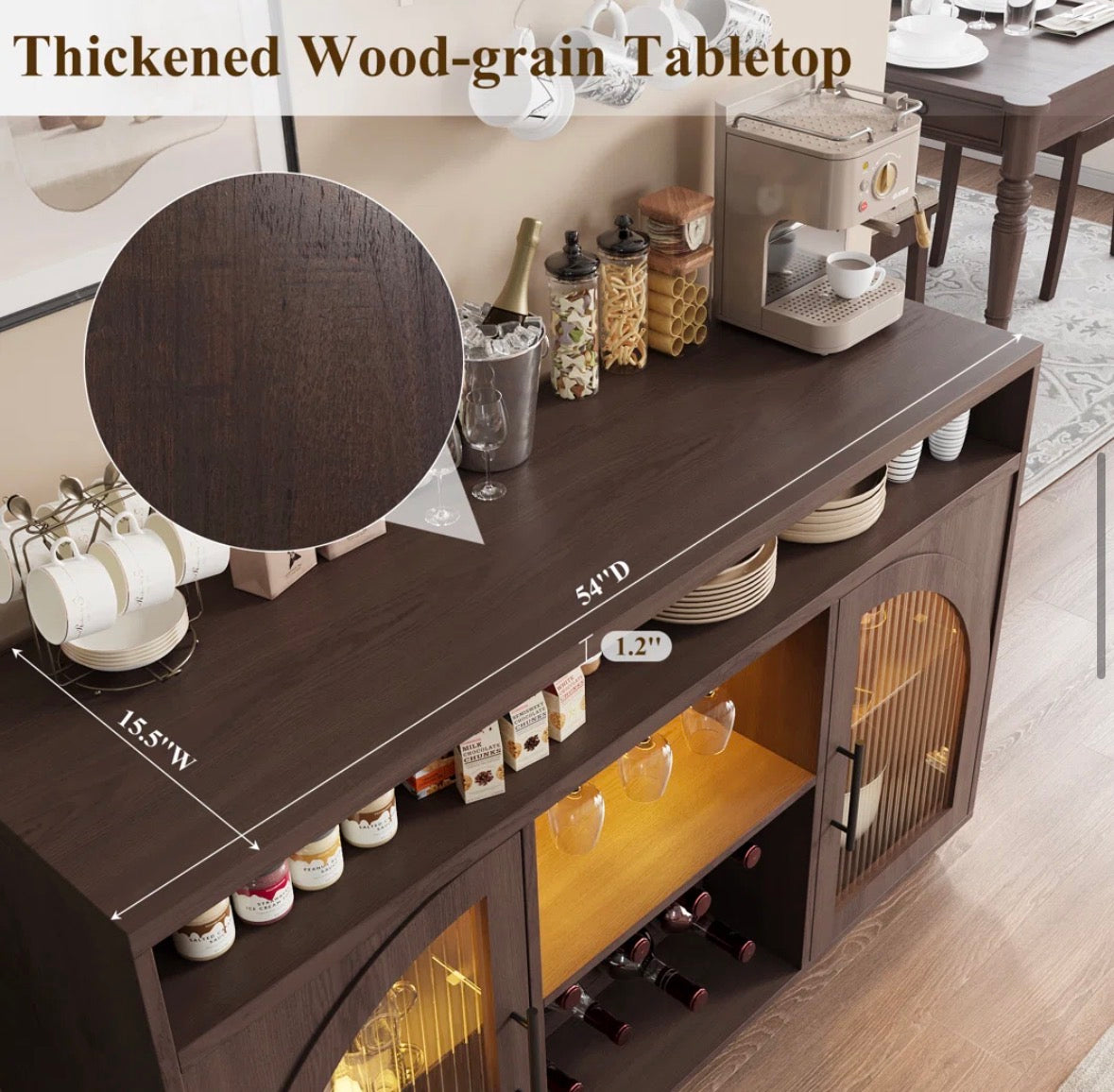 Buffet - Sideboard Buffet Cabinet, 54" Kitchen Cabinet With Led Lights & Arched Glass Doors, Tall Bar Cabinets With 2 Adjustable Shelves, Wine Rack & Storage Table For Dining Room
