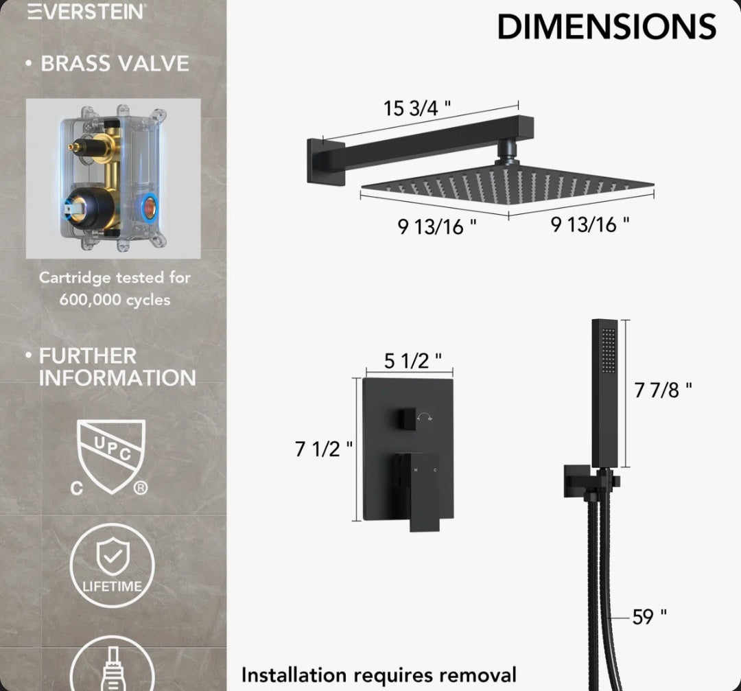 Shower System - Everstein Rainfall Cascade 10" High Pressure Rainfall Shower System