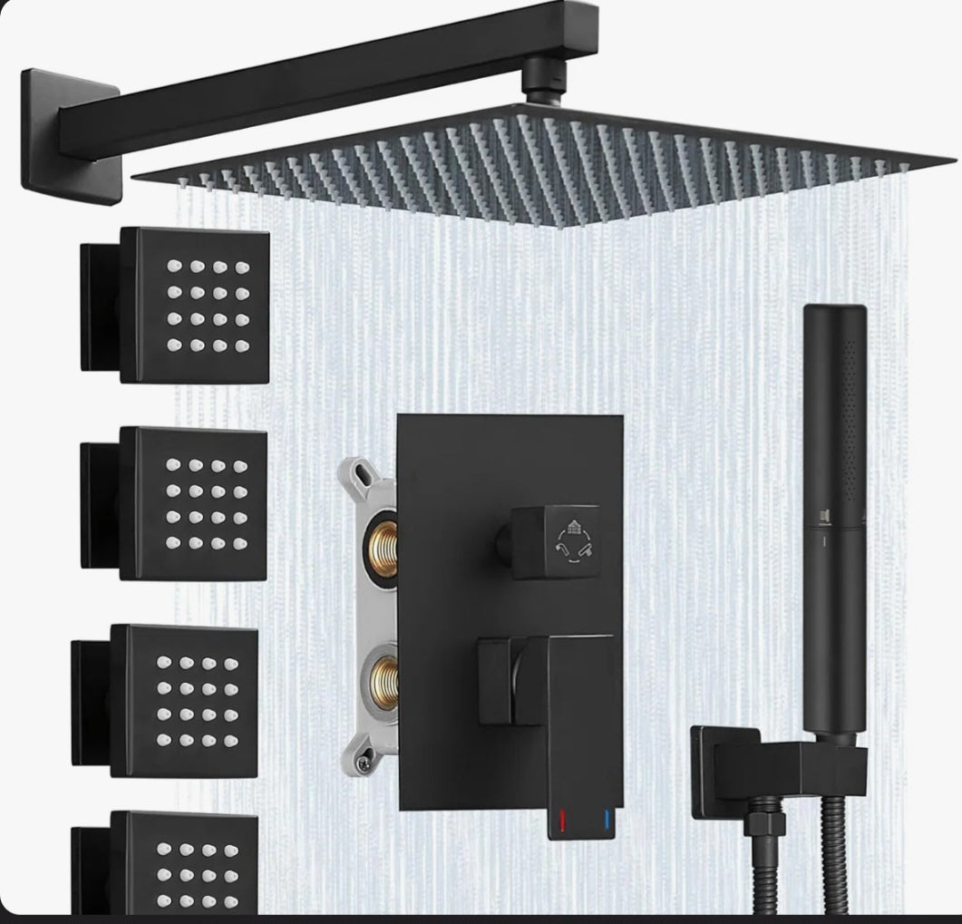 Shower System - 12" Rain Shower Head System 4 Full Body Jets, Wall Mounted