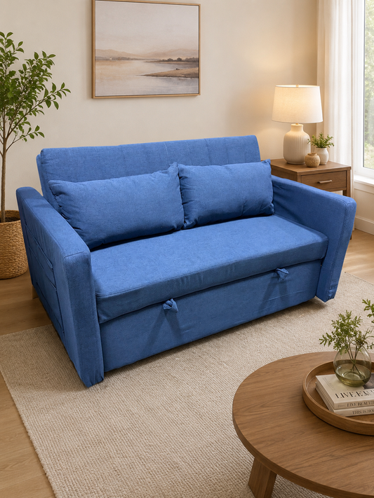 Sofa - Blue Pull Out Loveseat with 2 Pillows