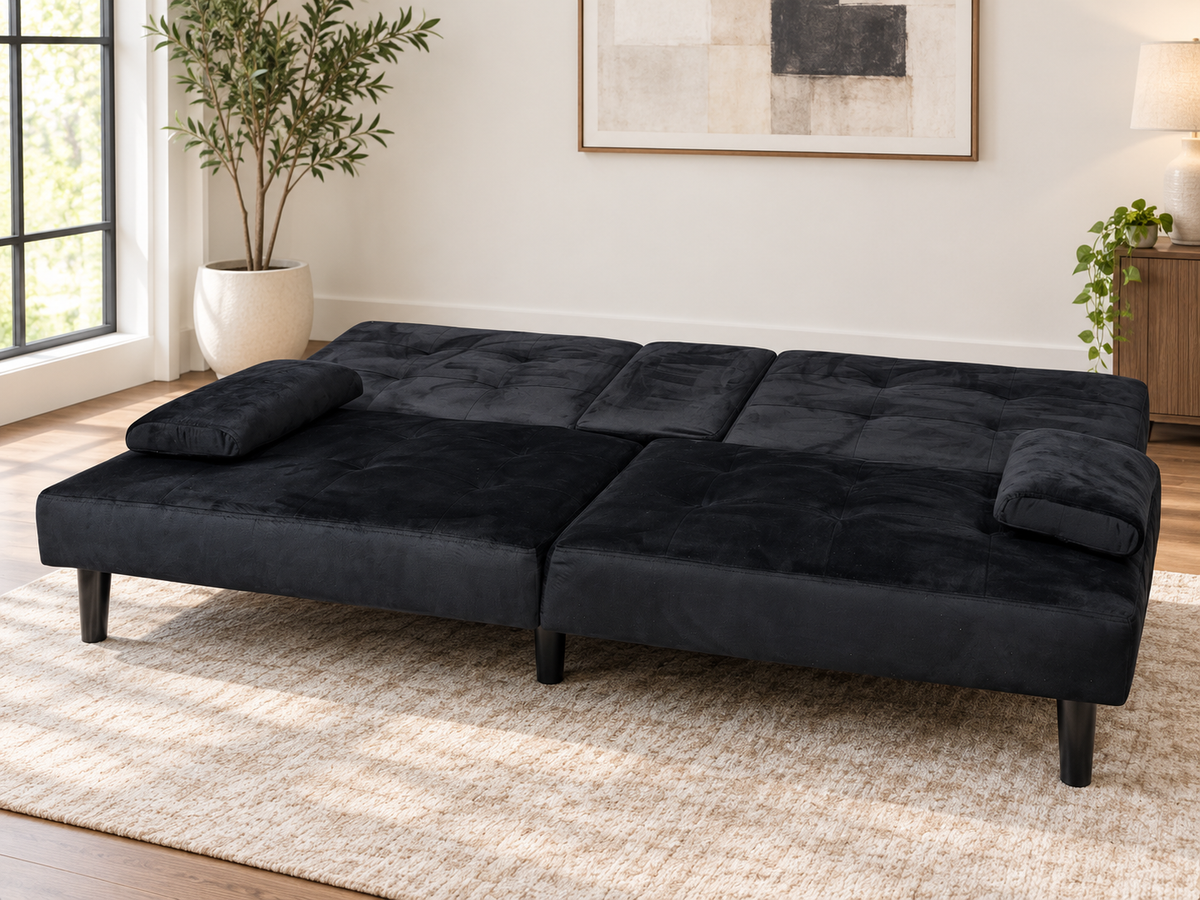 Sofa - Compact Black Velvet Futon with Cup Holders