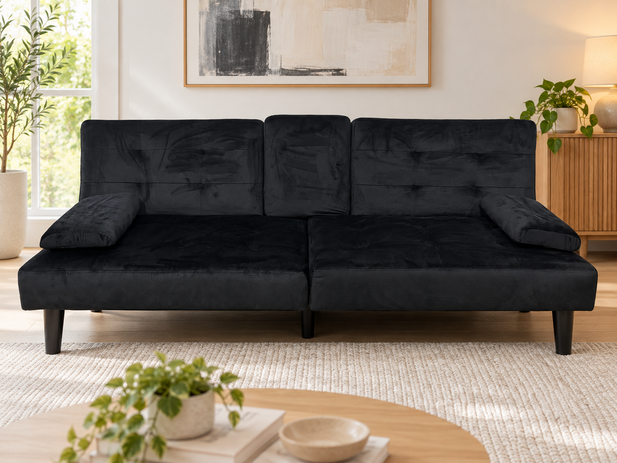 Sofa - Compact Black Velvet Futon with Cup Holders