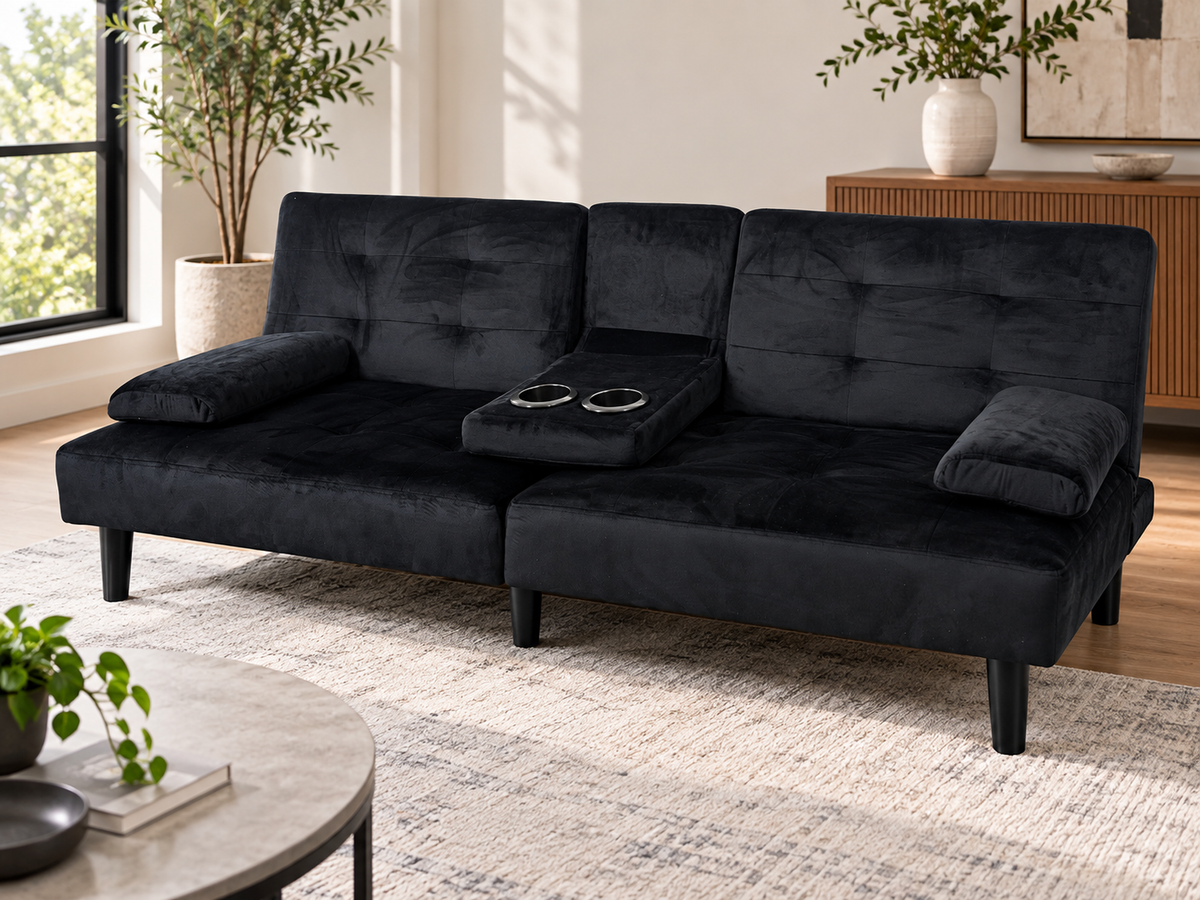 Sofa - Compact Black Velvet Futon with Cup Holders