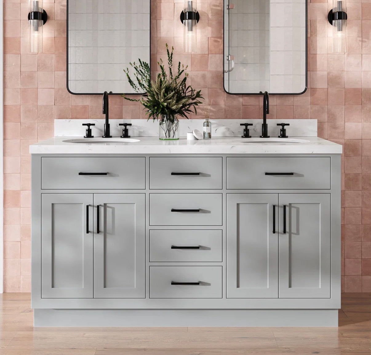 Bathroom Vanity - Thornaby 60'' Solid Wood Double Bathroom Vanity with 1.5'' Quartz Top, Oval Sinks (some cosmetic damage please see all photos)