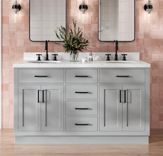 Bathroom Vanity - Thornaby 60'' Solid Wood Double Bathroom Vanity with 1.5'' Quartz Top, Oval Sinks (some cosmetic damage please see all photos)