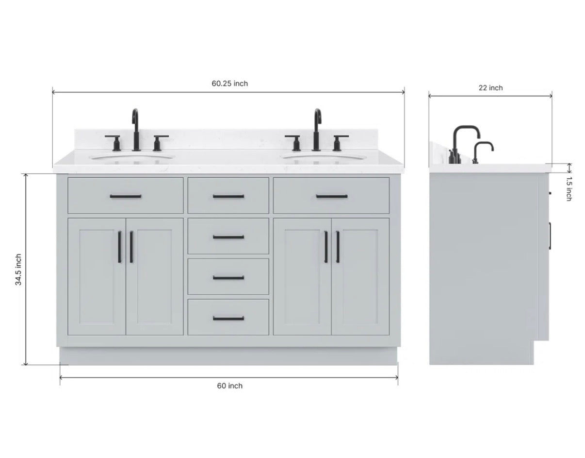 Bathroom Vanity - Thornaby 60'' Solid Wood Double Bathroom Vanity with 1.5'' Quartz Top, Oval Sinks (some cosmetic damage please see all photos)