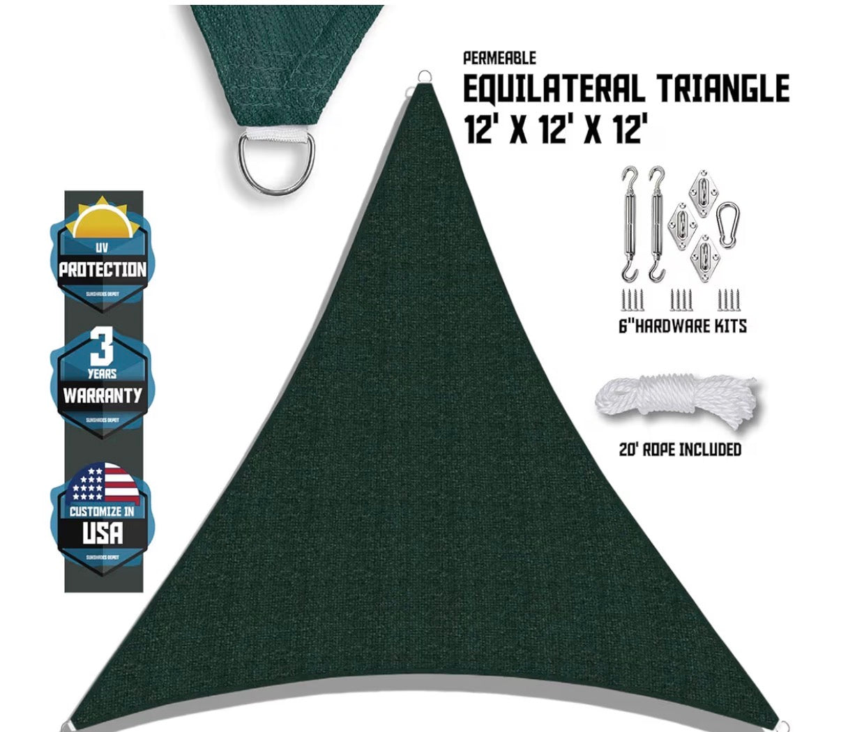 Shade Sail - 12 x 12 x 12 Green Shade Sail with Hardware