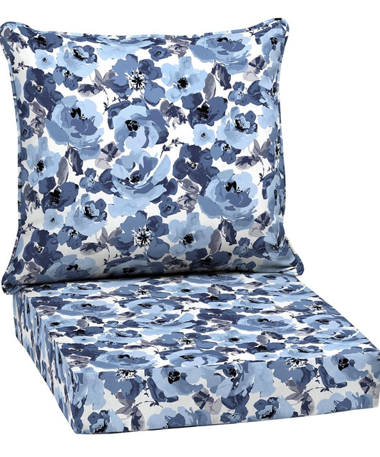 Outdoor Cushion - Arden Outdoor Deep Seat Cushion Set, 24 in x 24 in, Weather-Proof, Rain-Proof, Fade Resistant Patio Cushion for Chair, Sofa, and Couch Blue Garden Floral