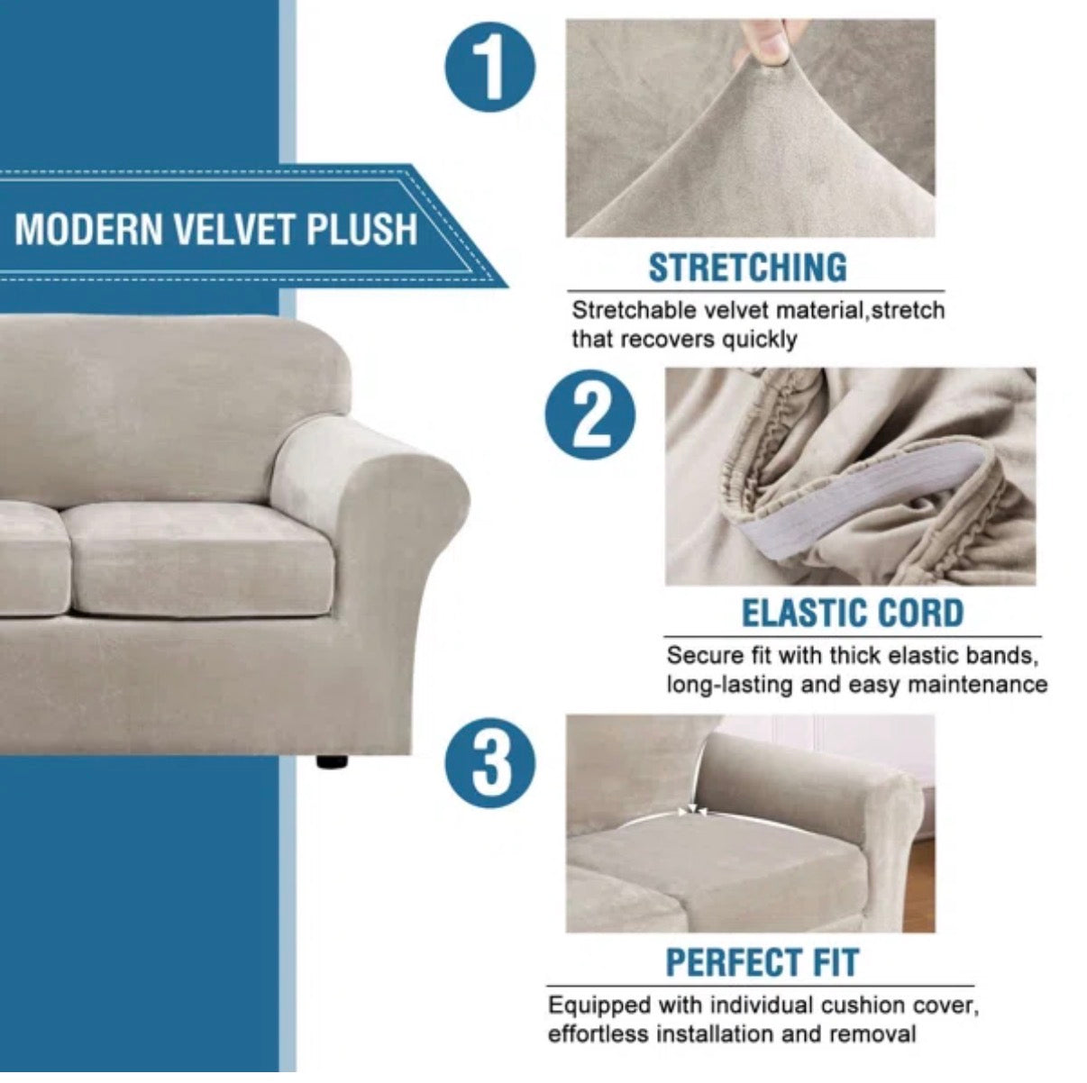 Slipcover - Soft Velvet Plush 3 Piece Stretch Loveseat Sofa Slipcover for 2 Cushion Couch Machine Washable