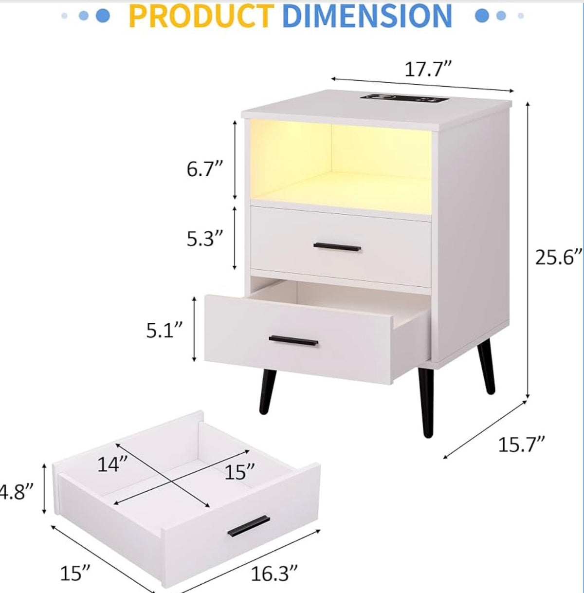 End Table - LED Night Stand with Charging Station, Dimmable Lighting